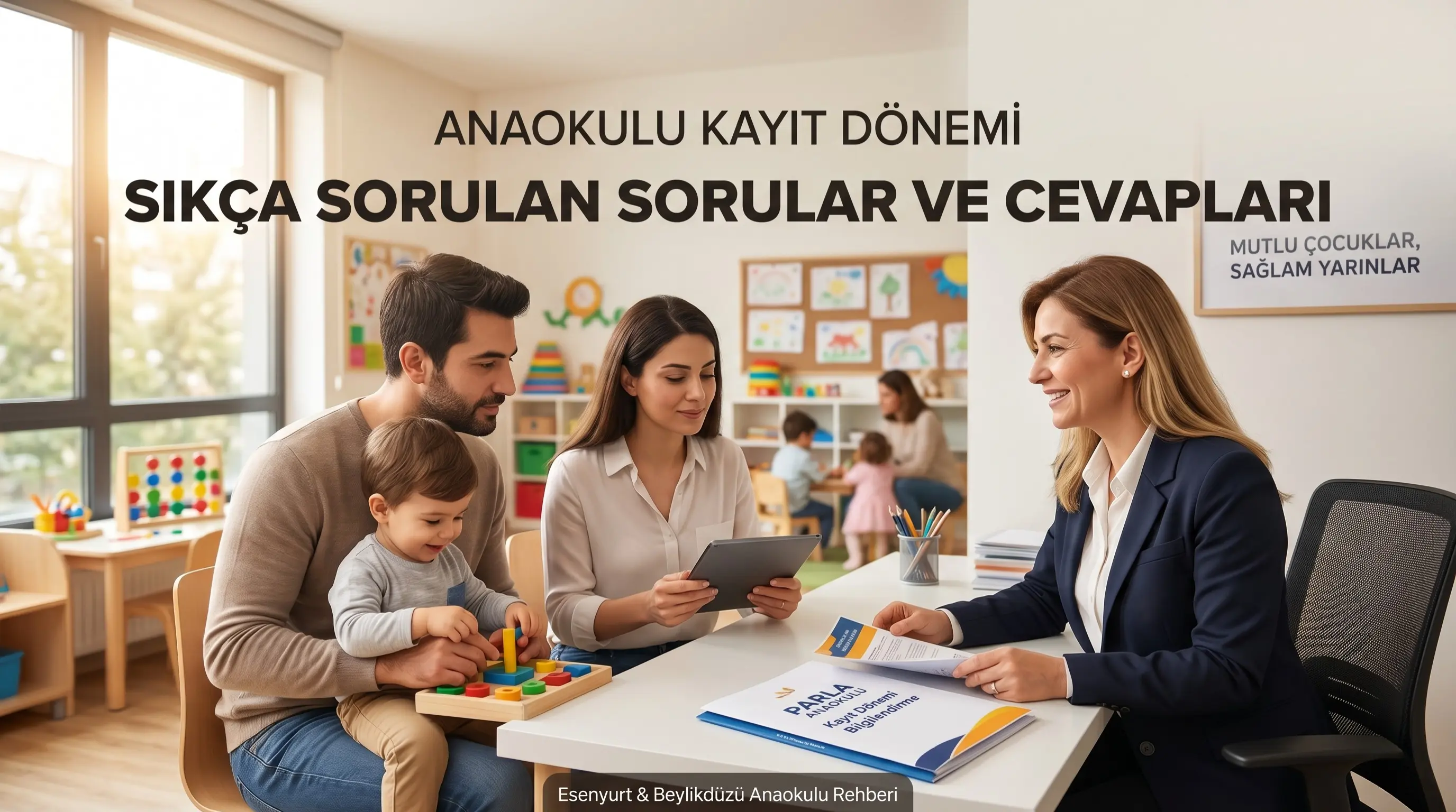 Parla Anaokulu kayıt ofisinde bir anne ve babanın yöneticiye soru sorması