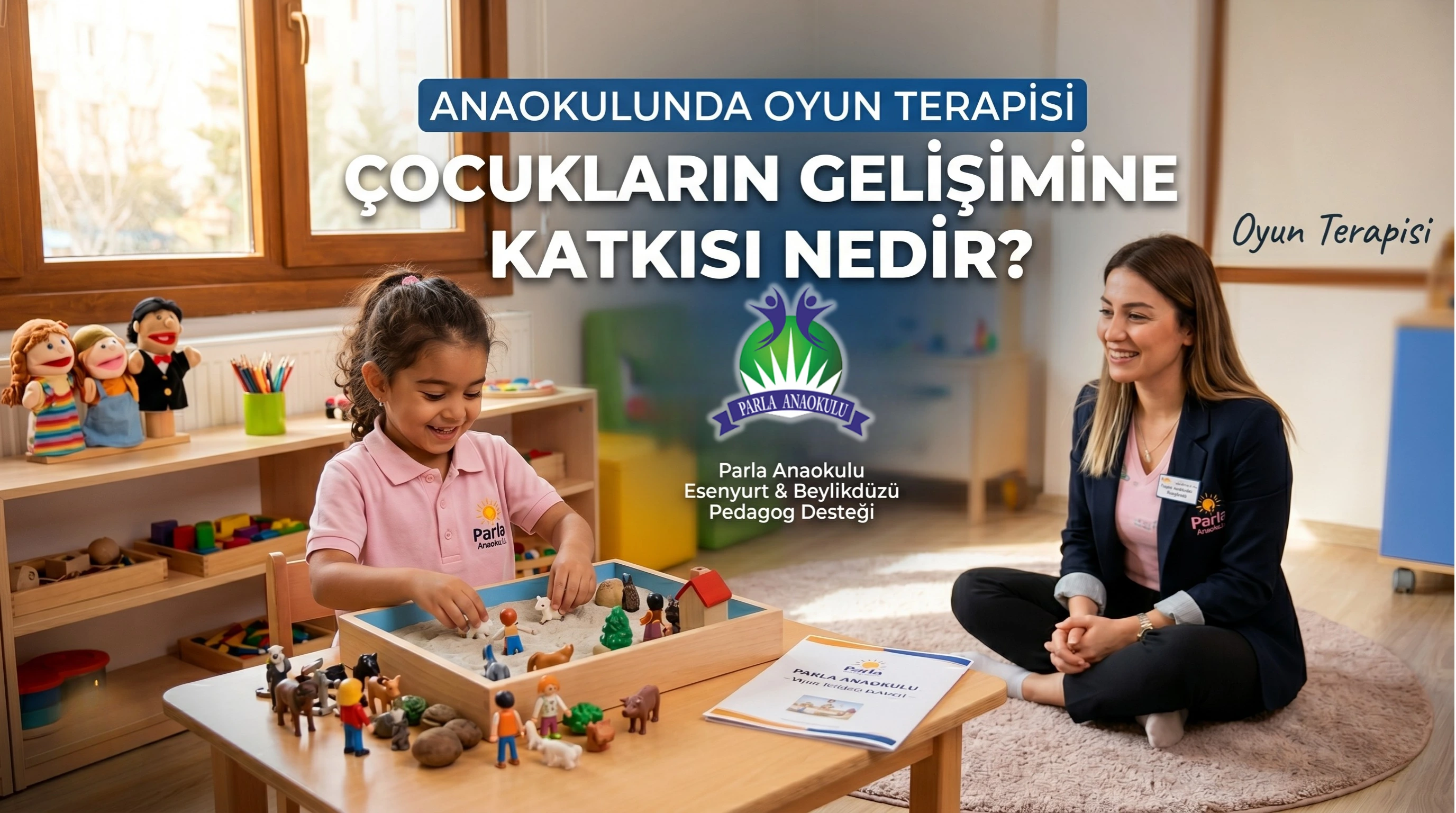 Parla Anaokulu oyun terapisi odasında sandviç tray ile oynayan bir çocuk ve uzman pedagog gözlemi