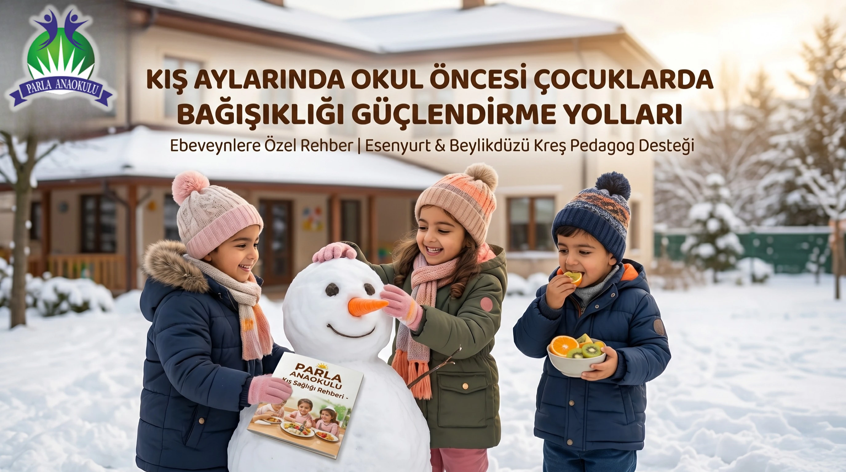 Parla Anaokulu bahçesinde kışlık kıyafetleriyle neşeyle oynayan sağlıklı çocuklar.